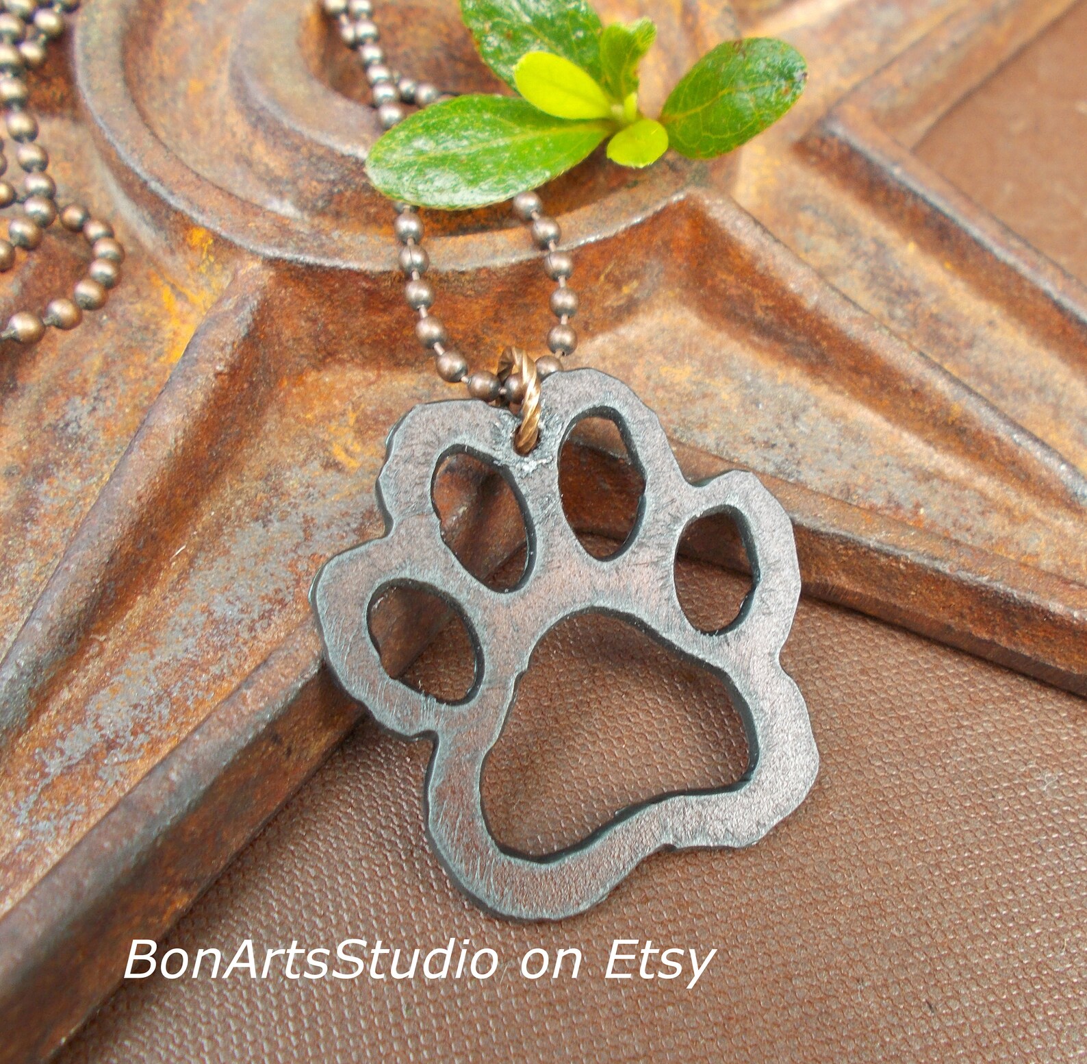 Paw Print Pendant on Leather or Chain Large Rustic Copper Etsy