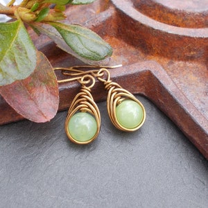 Wire Wrapped Green Jade Stone & Brass Earrings, Artisan Handmade Herringbone Wrap Bronze Jewelry, Earthy Woodland Gifts for Her