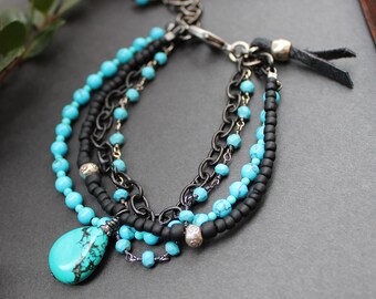 Turquoise Stone & Glass Bracelet, Black Boho Multi Strand