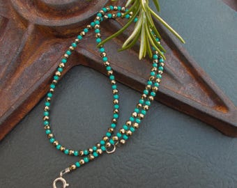 Faceted Pyrite & Turquoise Stone Beaded Necklace: Sterling Silver Clasp, Layering Jewelry