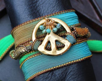 Silk Ribbon Wrist Wrap Peace Bracelet, Gold and Turquoise