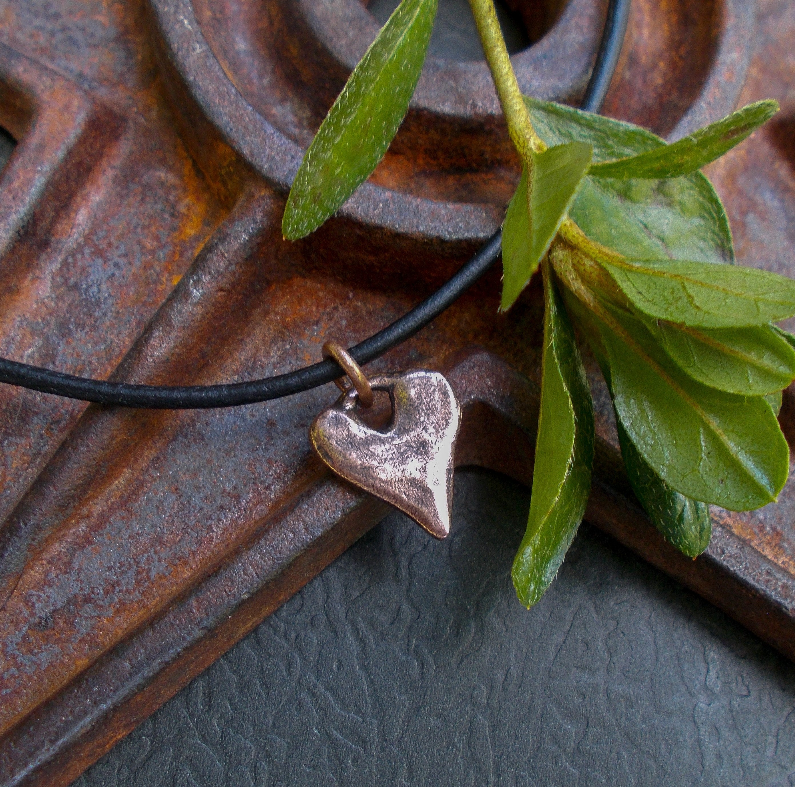 Rustic Heart Pendant on Leather Cord, Gold Silver or Copper