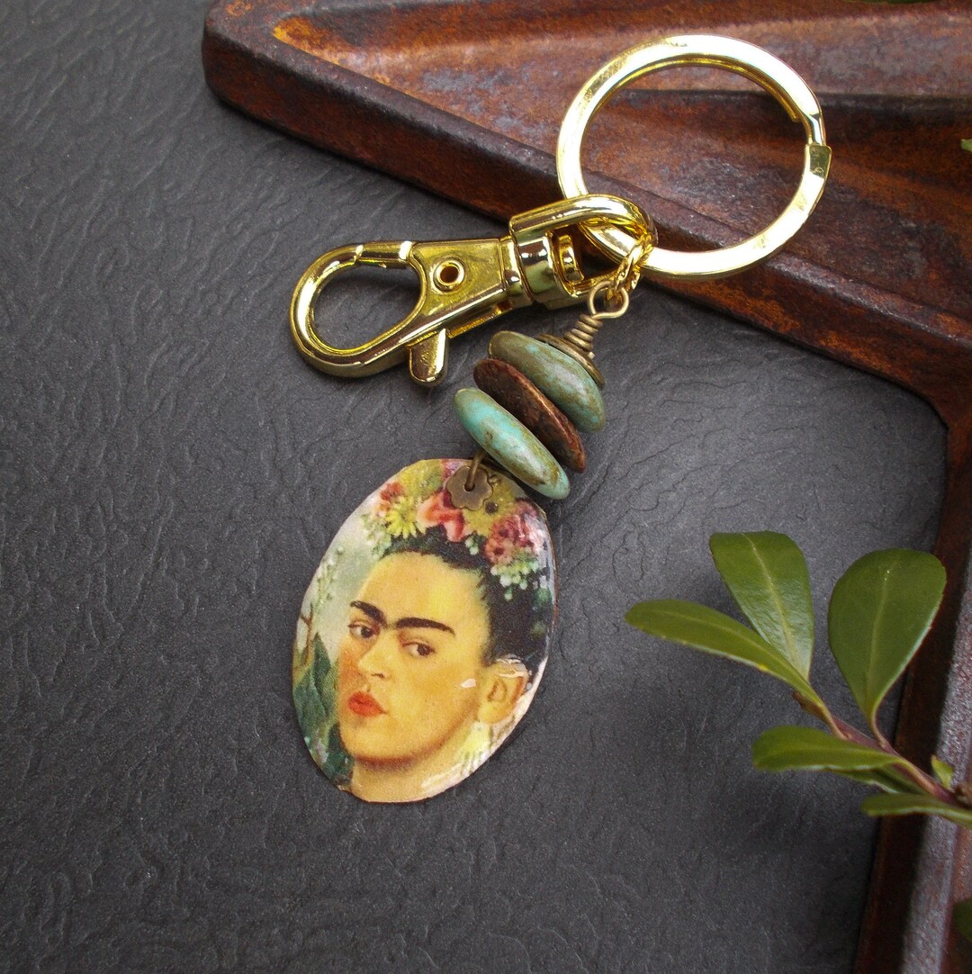 Art Lover Keychain, Frida Kahlo Pendant With Large Gold Clip ...