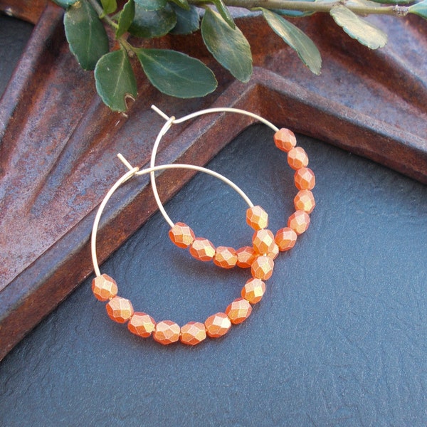 Orange & Gold Beaded Hoop Earrings, Frosted Czech Glass Peach Bead Hoops, Delicate Boho Jewelry, Summer Earrings, Gifts for Her