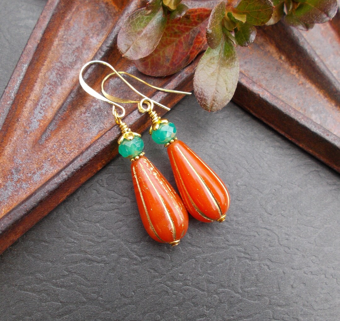 Long Burnt Orange & Gold Earrings, Turquoise Czech Glass Teardrop