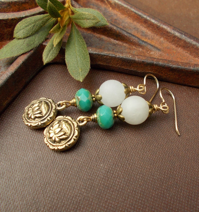 Unique Boho Dangles Long Gold Lotus Flower Charm Earrings with White Jade Stones /& Turquoise Czech Glass Rustic Zen OOAK Gift for Women