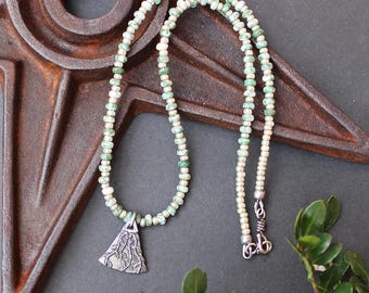 Nature Inspired Stone & Pewter Pendant Necklace, Green Tree Agate with Glass and Sterling Silver
