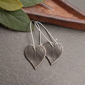 Leaf Heart Earrings, Medium Length Rustic Silver Dangles, Contemporary Boho Kidney Wire Earrings, Woodland Nature Jewelry, Gifts for Her