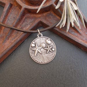 Seaside Themed Pendant on Leather Cord, Silver Ocean Beach Life Starfish & Shell Wave Necklace, Custom Cord, Unisex Gifts for Teens, Him Her
