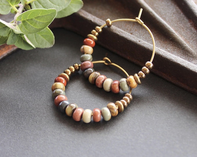 Red Creek Jasper Hoop Earrings: Autumn Earth Tone Brass Jewelry