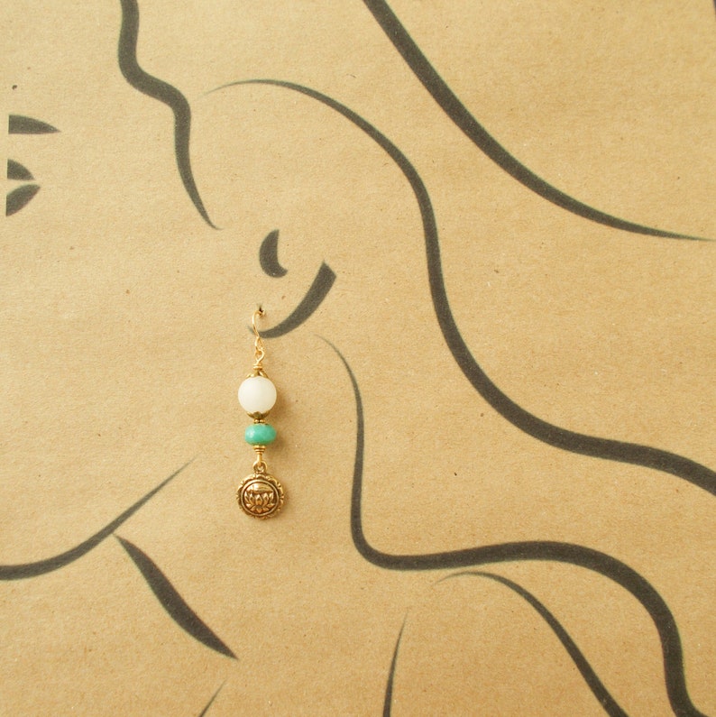 Unique Boho Dangles Long Gold Lotus Flower Charm Earrings with White Jade Stones /& Turquoise Czech Glass Rustic Zen OOAK Gift for Women
