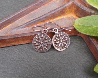 Bronze Sun Earrings, Small Rustic Copper Celestial Dangles