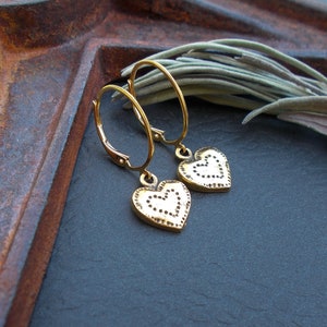Tiny Gold Heart Earrings, Rustic Textured Gold Charms on Modern Oval Lever Back Wires, Cute Gifts for Her, Valentine Gift