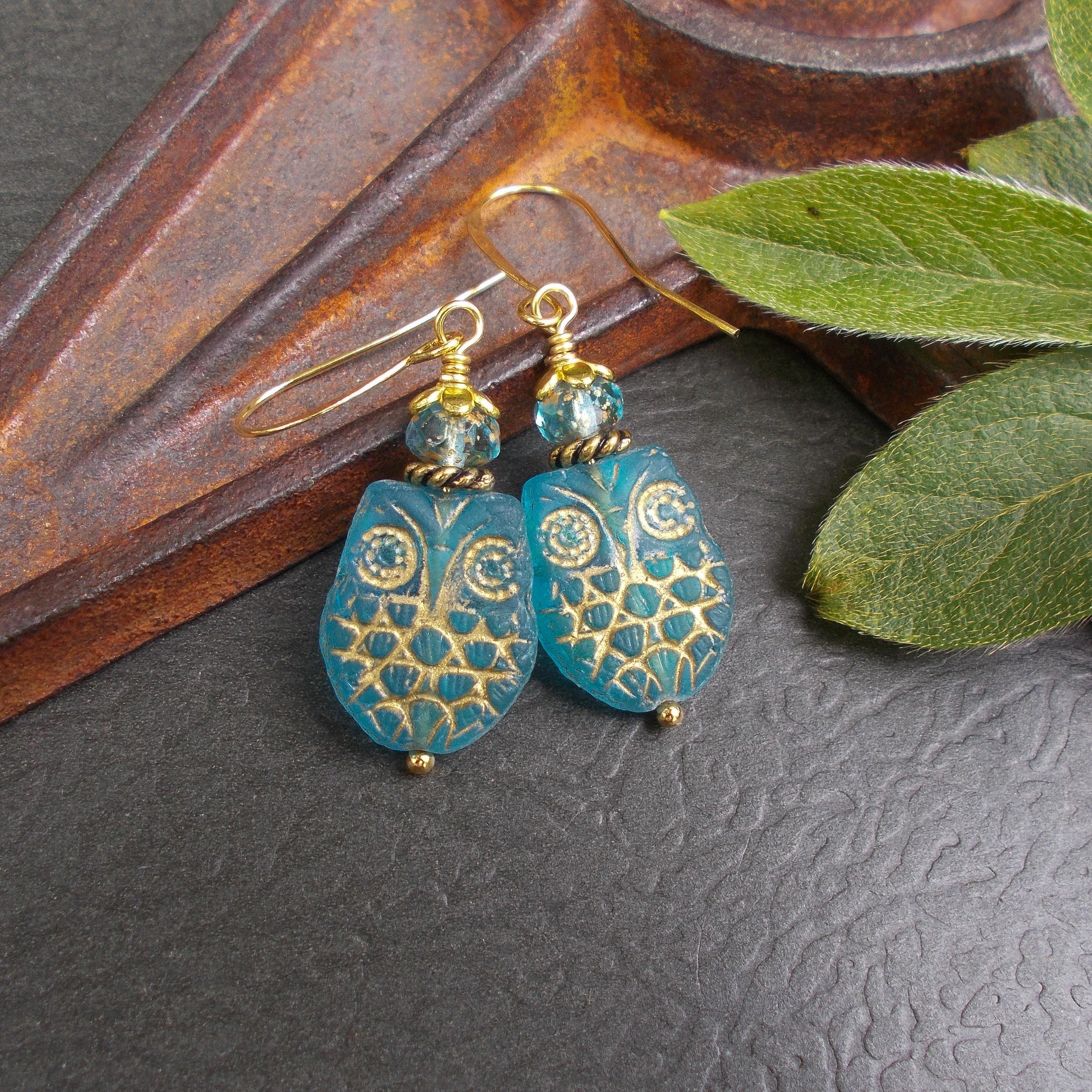 Czech Glass Owl Earrings, Sea Blue Gold Dangles, Bird Lover Jewelry