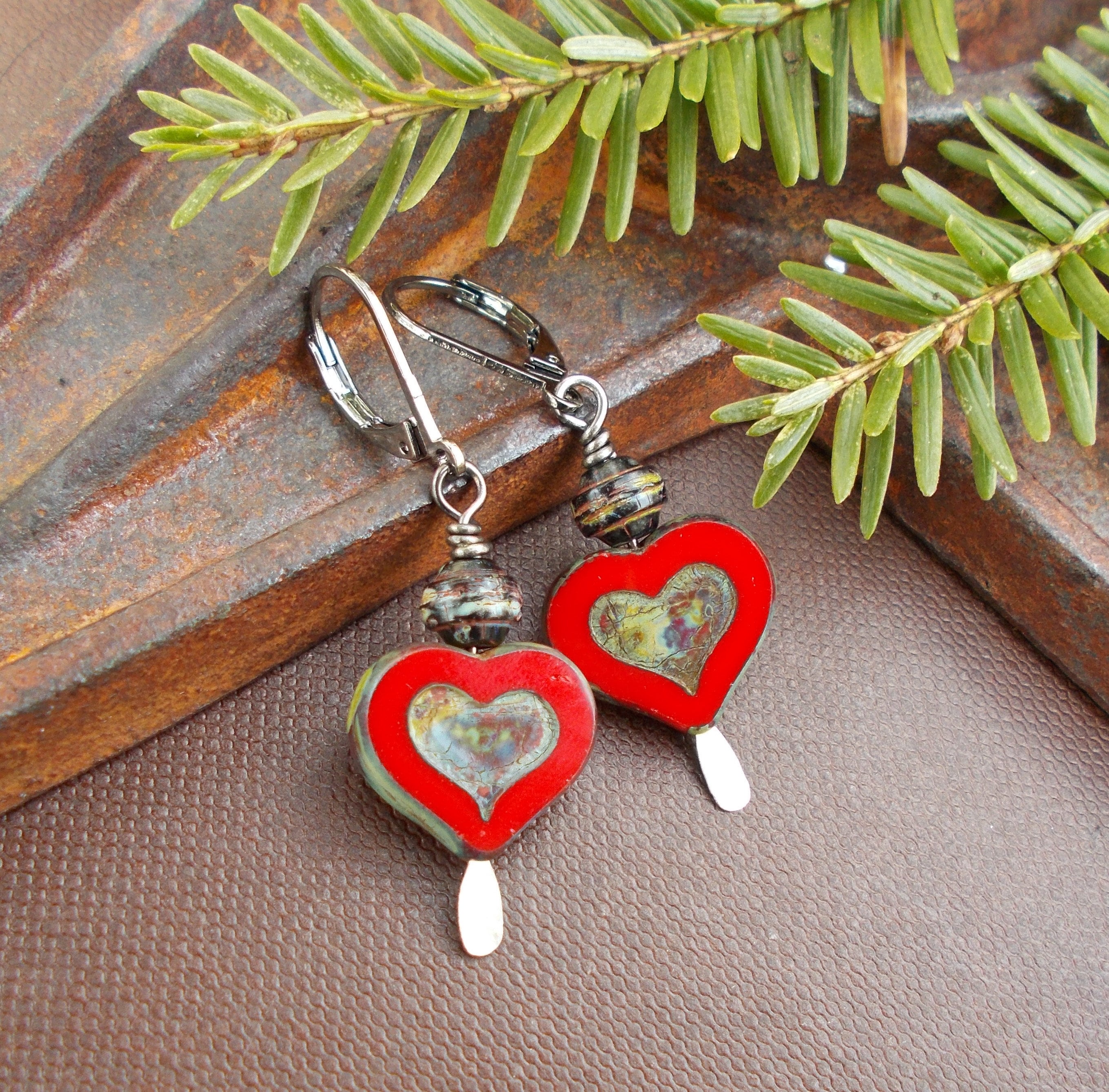 Red Heart Earrings, Czech Glass Folk Heart Earrings, Deep Red