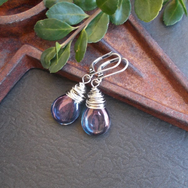 Blue Purple Teardrop Earrings, Amethyst Czech Glass & Silver Wire Wrap Lever Back Dangles, Modern Everyday Drops, Birthday Gifts for Her