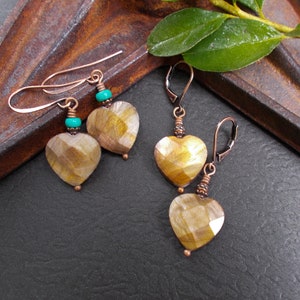 Earthy Brown Shell Heart Earrings with Turquoise or Copper Accents, Hook or Lever Back Wires, Unique Rustic Dangles, Boho Love Gifts for Her