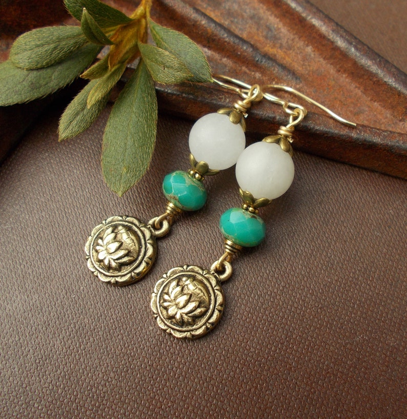 Unique Boho Dangles Long Gold Lotus Flower Charm Earrings with White Jade Stones /& Turquoise Czech Glass Rustic Zen OOAK Gift for Women