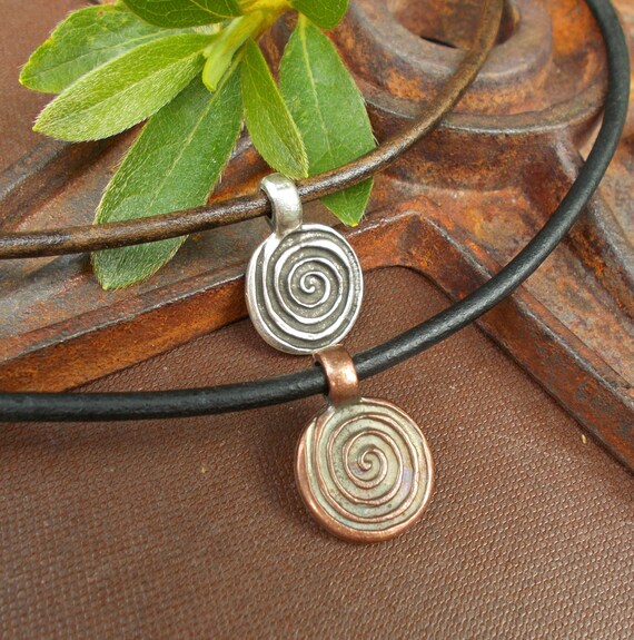 Custom Spiritual Swirl Necklace or Choker Gifts Small Silver Bronze or Copper Patina Charm Greek Pyramid Spiral Pendant on Leather Cord