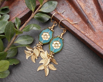 Blue Czech Glass Flower Earrings: Gold Leaf Dangles, Boho Jewelry