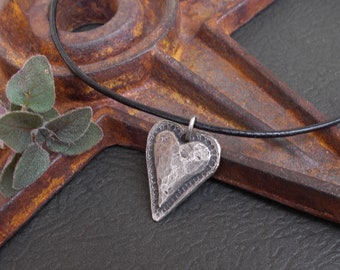 Rustic Silver Pewter Heart Pendant, Custom Leather Valentine Necklace