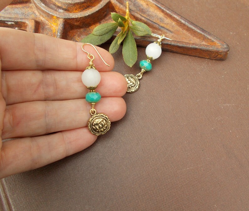 Unique Boho Dangles Long Gold Lotus Flower Charm Earrings with White Jade Stones /& Turquoise Czech Glass Rustic Zen OOAK Gift for Women