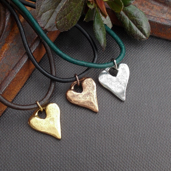 Rustic Heart Pendant on Leather Cord, Gold Silver or Copper Minimalist Custom Layering Boho Necklace, Cute Valentine Gifts for Her