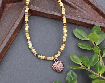 Earthy Beaded Necklace, Mykonos Copper Heart Pendant, Autumn Picasso Czech Glass Seed Beaded Chain