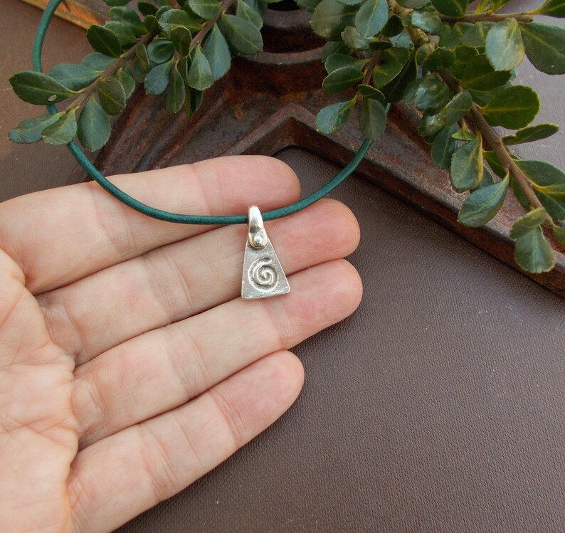 Custom Spiritual Swirl Necklace or Choker Gifts Small Silver Bronze or Copper Patina Charm Greek Pyramid Spiral Pendant on Leather Cord