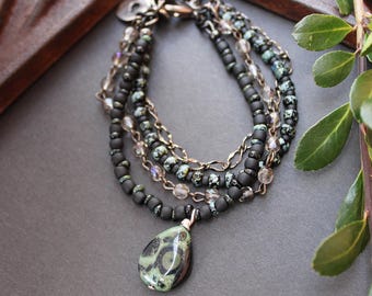 Kambaba Jasper & Czech Glass Bracelet, Black and Green Multi Strand