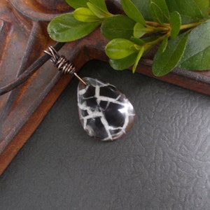 Black & White Septarian Fossil Stone on Leather Cord, Large Pendant Necklace