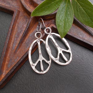 Large Peace Sign Earrings, Boho Silver Oval Charms on Lever Back Wires, Bold Hippie Jewelry, Unisex Gifts for Him Her All