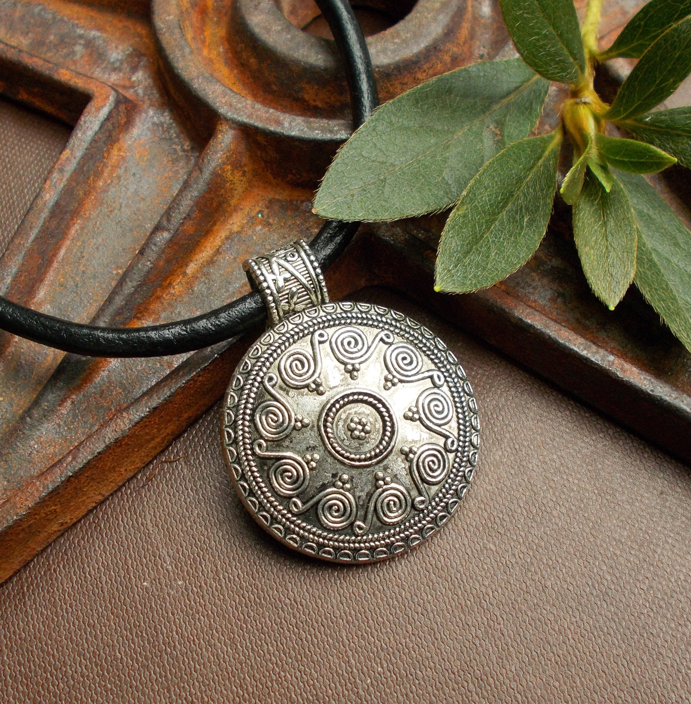 Large Silver Medallion With Spiral on Leather Cord Custom Etsy