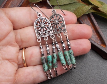 Silver & African Turquoise Chandelier Earrings, Long Rustic Dangles with Jasper and Hematite