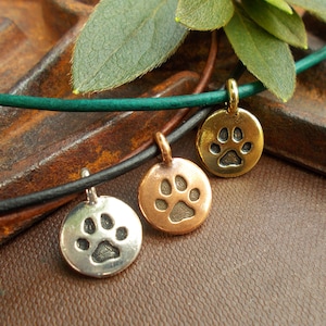 Cute Paw Print Pendant Necklace, Silver, Gold, Copper Charm on Leather Cord, Custom Length Dog or Cat Lover Jewelry, Pet Lover Memento Gift