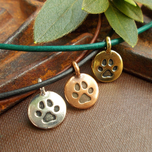 Cute Paw Print Pendant Necklace, Silver, Gold, Copper Charm on Leather Cord, Custom Length Dog or Cat Lover Jewelry, Pet Lover Memento Gift