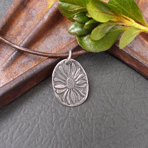 Rustic Flower Necklace, Antiqued Silver Hand Cast Pewter Pendant on Custom Leather Cord, Woodland Nature Jewelry, Casual Gifts for Her