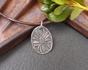 Rustic Flower Necklace, Antiqued Silver Hand Cast Pewter Pendant on Custom Leather Cord, Woodland Nature Jewelry, Casual Gifts for Her