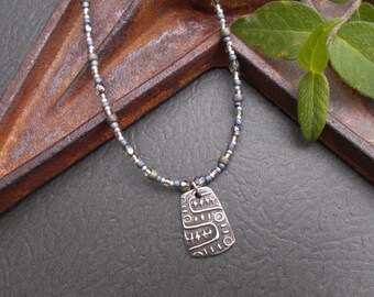 Abstract Silver Pewter Pendant Necklace, Gray & Bronze Seed Bead Jewelry