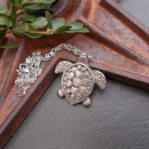 Sea Turtle Necklace, Large Silver Pewter Spiral Pendant on Custom Chain, Sea Life Ocean Marine Conservation Jewelry, Casual Unisex Gifts