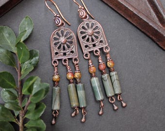 Copper & Red Creek Jasper Stone Chandelier Earrings, Long Rustic Dangles with Green Stones