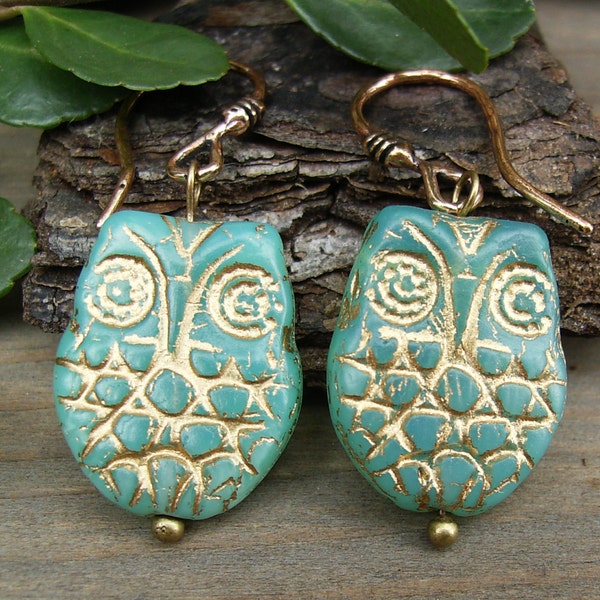 Turquoise Owl Earrings, Picasso Czech Glass, Copper Bronze Artisan Wires, Whimsical, Bohemian, Rustic, Woodland, Nature, Bird Lover Gift