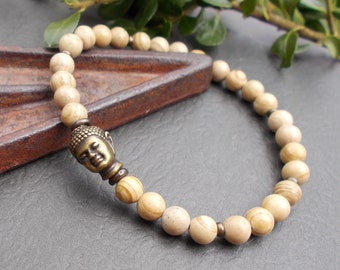 Unisex Buddha Bracelet, Slim Tan Jasper Stone with Brass, Stretch Yoga Jewelry, Men's Casual Zen Jewelry, Unique Gifts