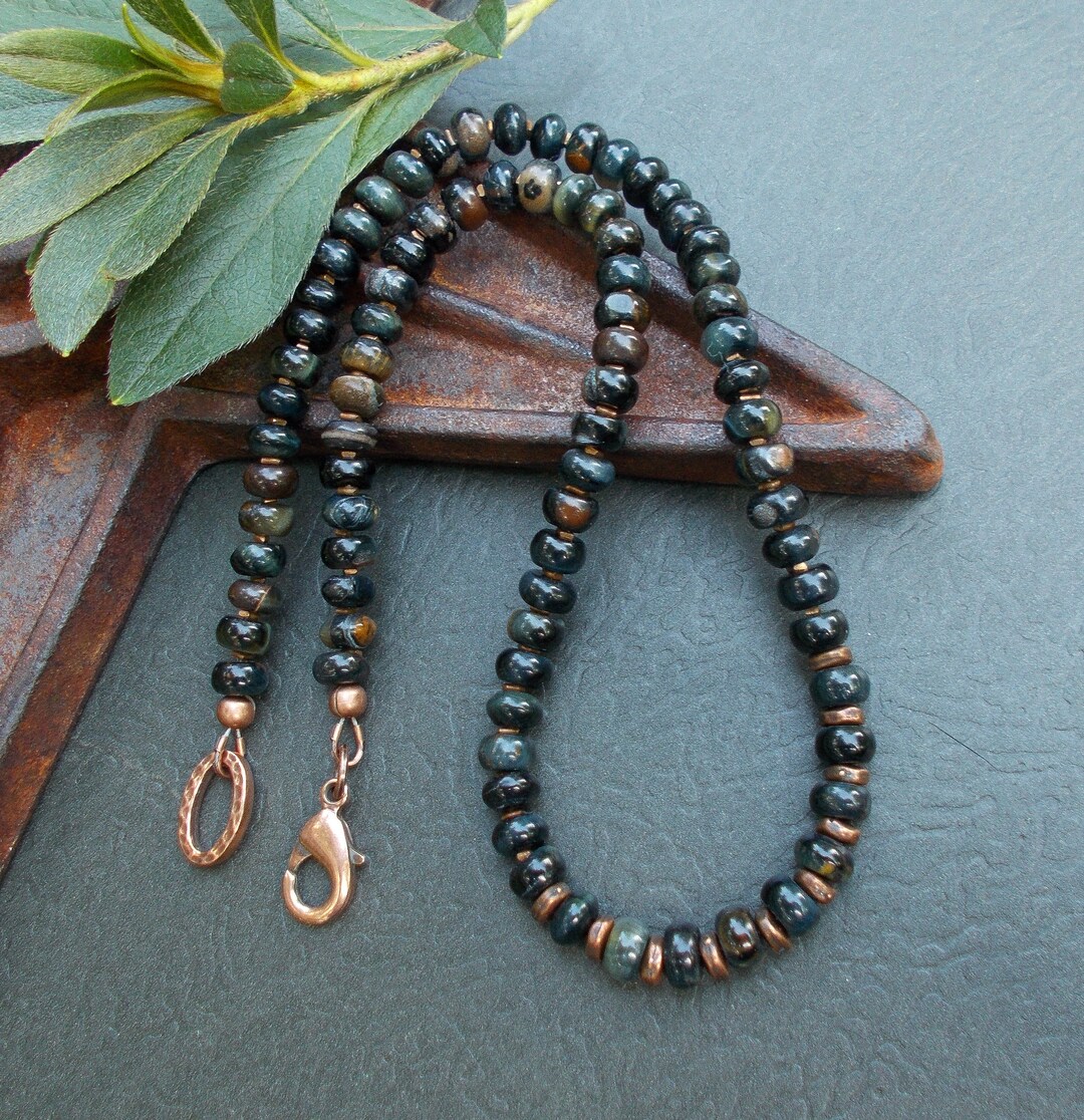 Blue Tiger Eye Necklace Unisex Blue Stone & Copper Beaded Etsy