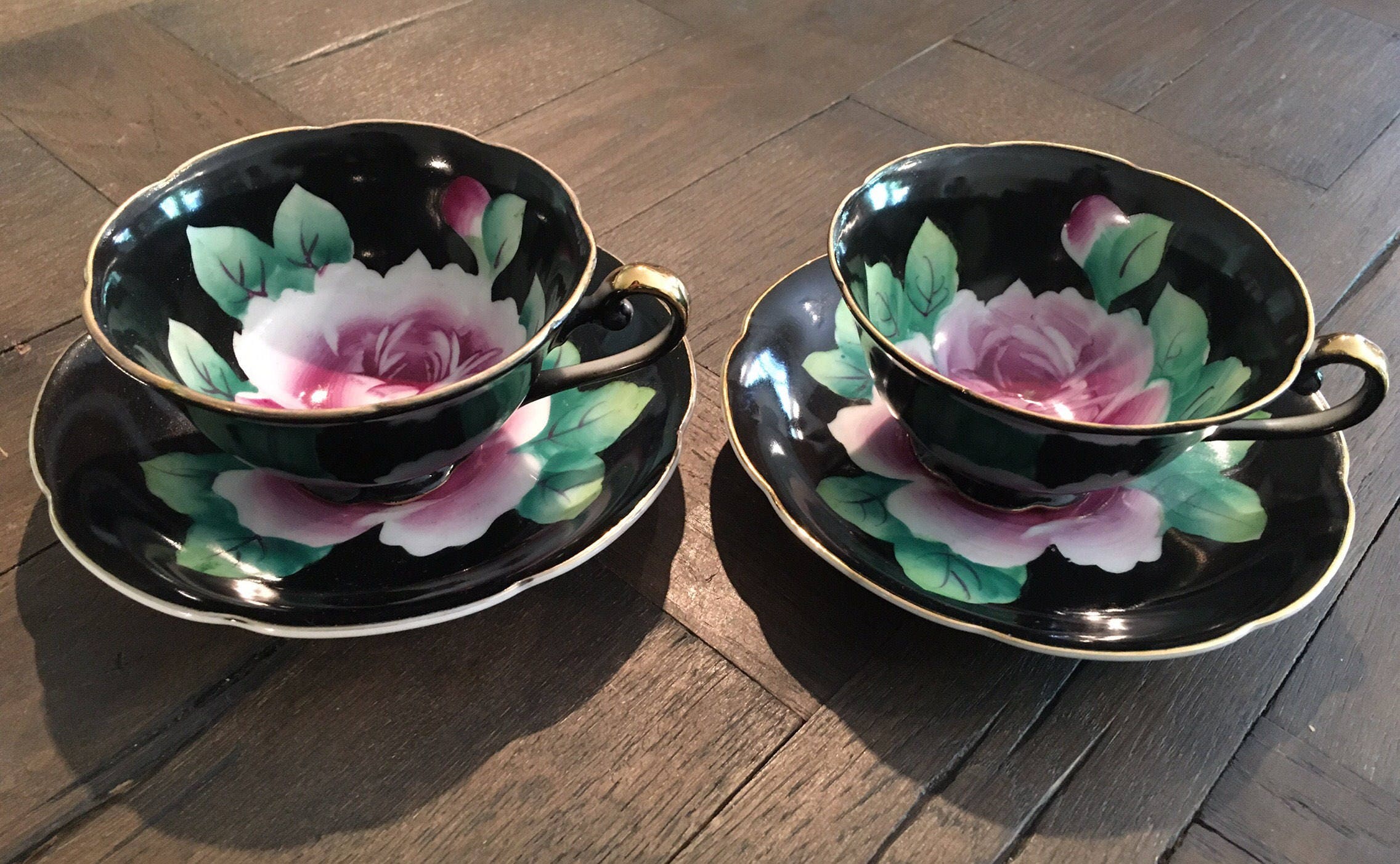 Vintage Japanese Porcelain Black Tea Cup & Saucer Sets w Etsy