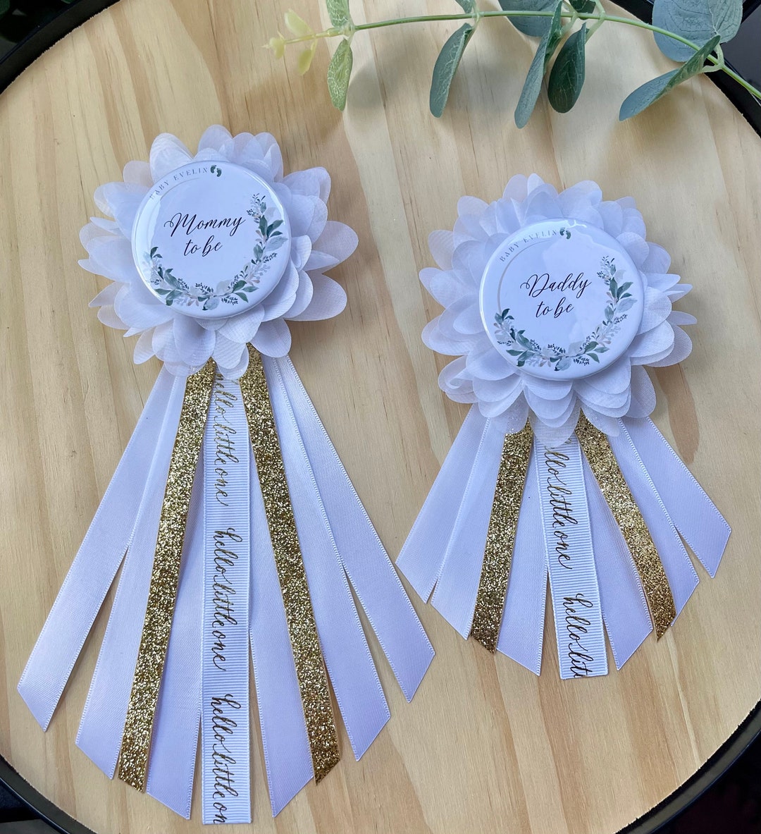 Personalized Greenery Golden Baby Shower Pin, Greenery Baby Shower