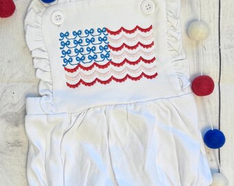 Monogrammed Baby Romper: Embroidered Patriotic Bow, 4th of July Outfit