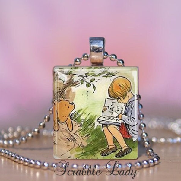 WINNIE the POOH Scrabble Necklace. Winnie the Pooh Christopher Robin Scrabble Charm Pendant, Key Ring, Zipper Pull.  Pooh Bear Jewelry  #182