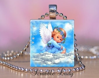 Blue Baby Angel Sitting on a Cloud Scrabble Necklace. Angel Charm. Angel Pendant. Angelic Jewelry.  Angel Key Ring / Zipper Pulls.   #222