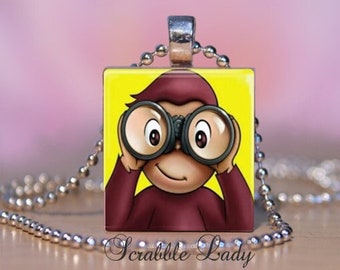 CURIOUS GEORGE Scrabble Necklace. Curious George Pendant, Charm, Key Ring, Zipper Pull.  Curious George Birthday Gift Party Favor. #139